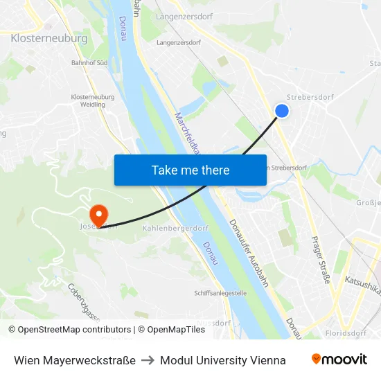 Wien Mayerweckstraße to Modul University Vienna map