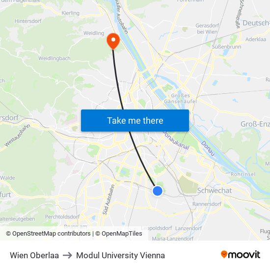 Wien Oberlaa to Modul University Vienna map