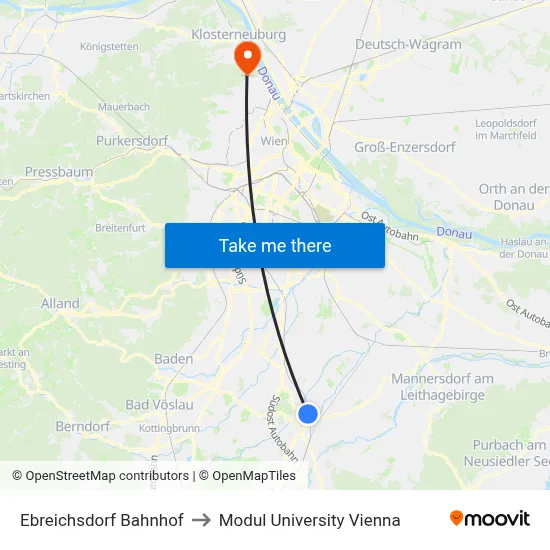 Ebreichsdorf Bahnhof to Modul University Vienna map