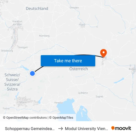 Schoppernau Gemeindeamt to Modul University Vienna map