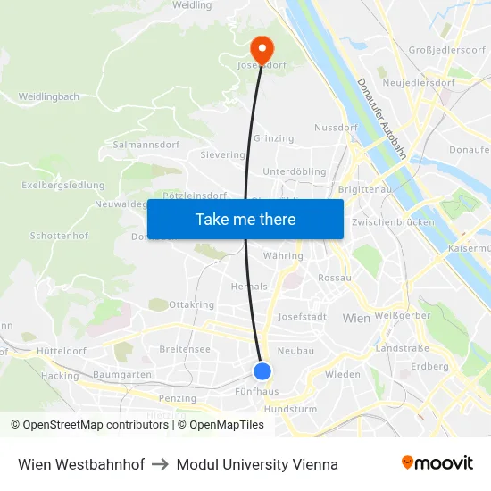 Wien Westbahnhof to Modul University Vienna map