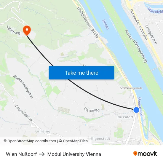 Wien Nußdorf to Modul University Vienna map