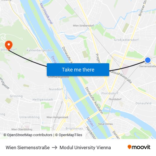 Wien Siemensstraße to Modul University Vienna map