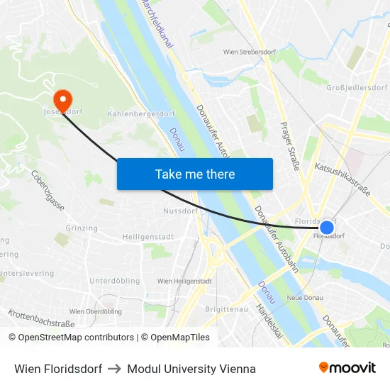 Wien Floridsdorf to Modul University Vienna map