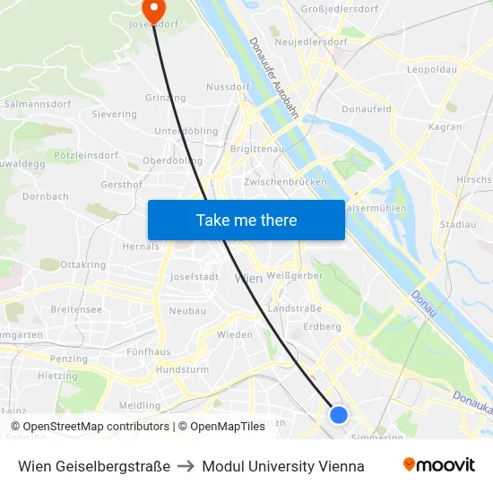Wien Geiselbergstraße to Modul University Vienna map