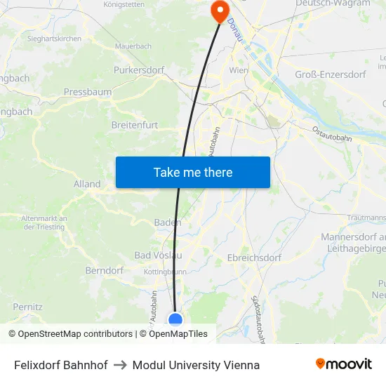 Felixdorf Bahnhof to Modul University Vienna map