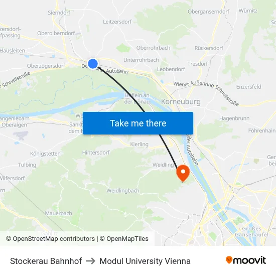 Stockerau Bahnhof to Modul University Vienna map