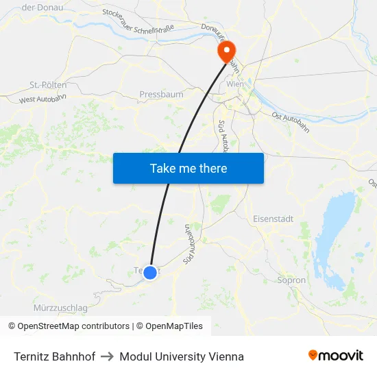 Ternitz Bahnhof to Modul University Vienna map