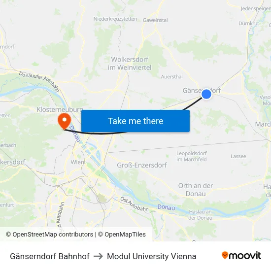 Gänserndorf Bahnhof to Modul University Vienna map