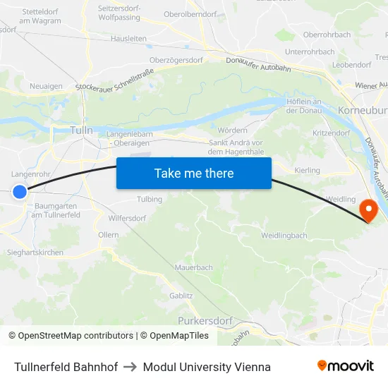 Tullnerfeld Bahnhof to Modul University Vienna map