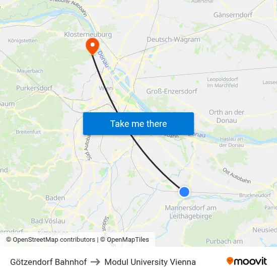 Götzendorf Bahnhof to Modul University Vienna map