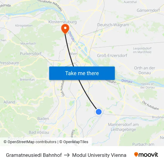 Gramatneusiedl Bahnhof to Modul University Vienna map