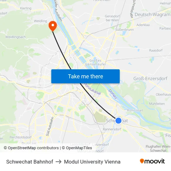 Schwechat Bahnhof to Modul University Vienna map
