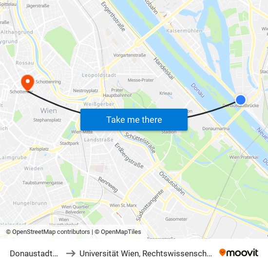 Donaustadtbrücke, Wien to Universität Wien, Rechtswissenschaftliche Fakultät (Juridicum) map