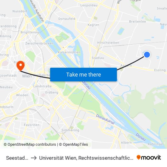 Seestadt, Wien to Universität Wien, Rechtswissenschaftliche Fakultät (Juridicum) map