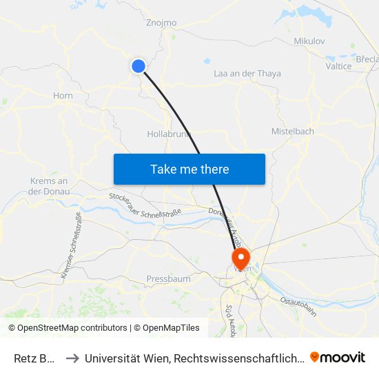 Retz Bahnhof to Universität Wien, Rechtswissenschaftliche Fakultät (Juridicum) map