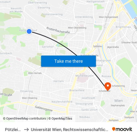 Pötzleinsdorf to Universität Wien, Rechtswissenschaftliche Fakultät (Juridicum) map