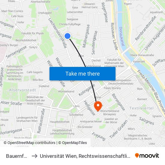 Bauernfeldplatz to Universität Wien, Rechtswissenschaftliche Fakultät (Juridicum) map