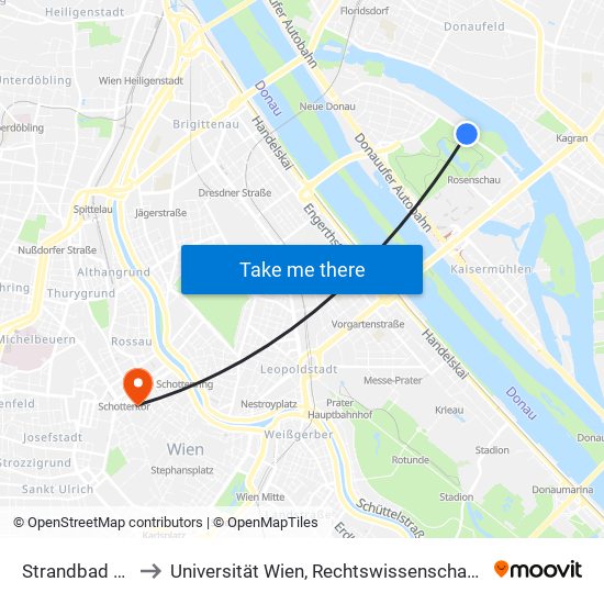 Strandbad Alte Donau to Universität Wien, Rechtswissenschaftliche Fakultät (Juridicum) map