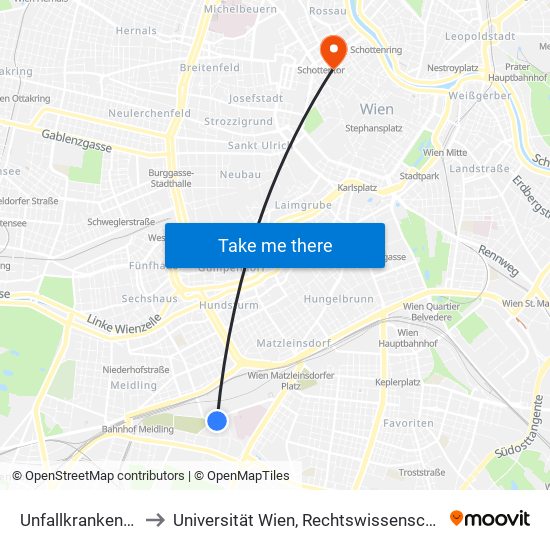 Unfallkrankenhaus Meidling to Universität Wien, Rechtswissenschaftliche Fakultät (Juridicum) map