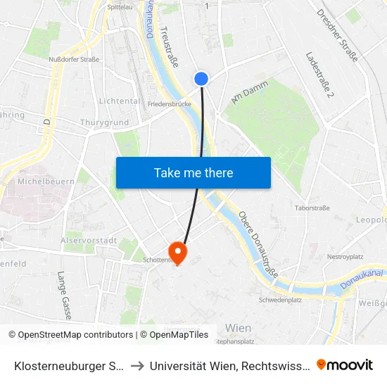 Klosterneuburger Straße/Wallensteinstraße to Universität Wien, Rechtswissenschaftliche Fakultät (Juridicum) map