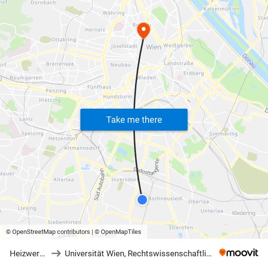 Heizwerkstraße to Universität Wien, Rechtswissenschaftliche Fakultät (Juridicum) map