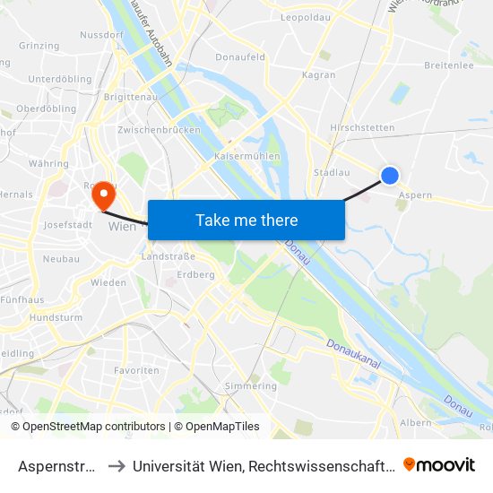 Aspernstraße U Sev to Universität Wien, Rechtswissenschaftliche Fakultät (Juridicum) map