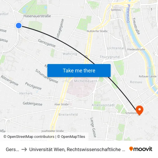 Gersthof to Universität Wien, Rechtswissenschaftliche Fakultät (Juridicum) map