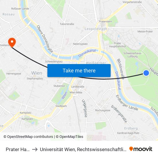 Prater Hauptallee to Universität Wien, Rechtswissenschaftliche Fakultät (Juridicum) map