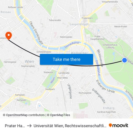 Prater Hauptallee to Universität Wien, Rechtswissenschaftliche Fakultät (Juridicum) map