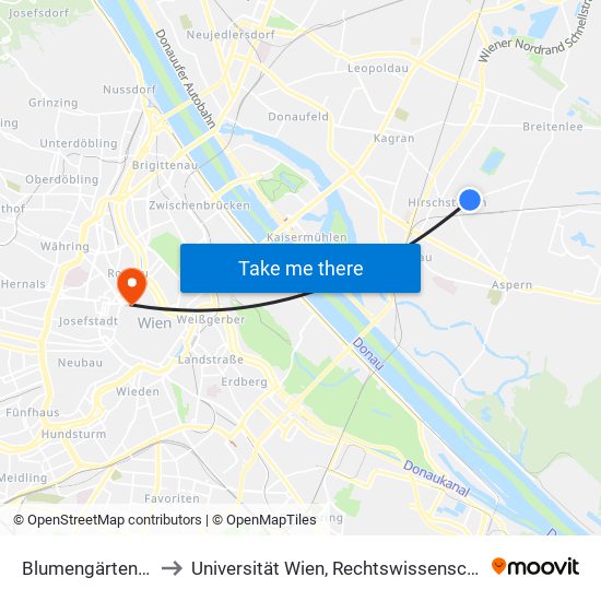 Blumengärten Hirschstetten to Universität Wien, Rechtswissenschaftliche Fakultät (Juridicum) map