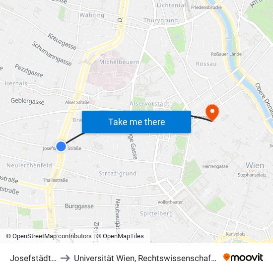 Josefstädter Straße to Universität Wien, Rechtswissenschaftliche Fakultät (Juridicum) map