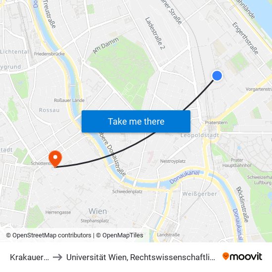 Krakauer Straße to Universität Wien, Rechtswissenschaftliche Fakultät (Juridicum) map