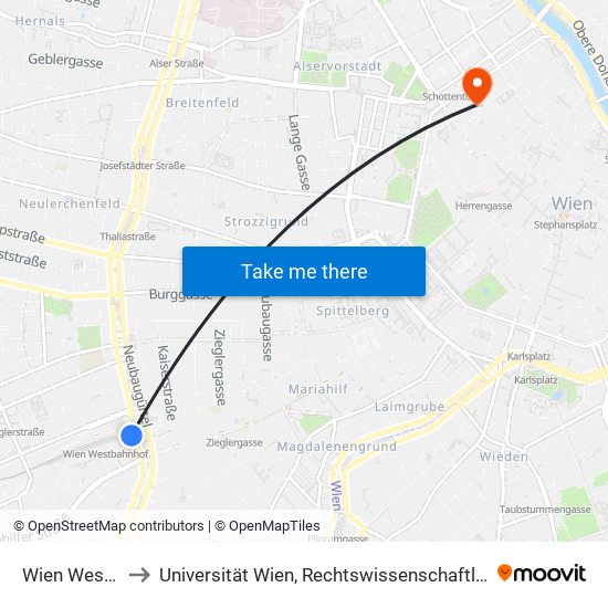 Wien Westbahnhof to Universität Wien, Rechtswissenschaftliche Fakultät (Juridicum) map