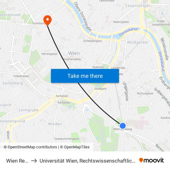 Wien Rennweg to Universität Wien, Rechtswissenschaftliche Fakultät (Juridicum) map