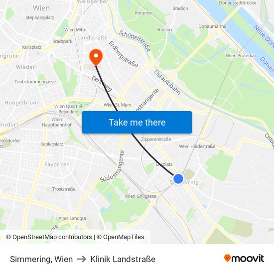 Simmering, Wien to Klinik Landstraße map