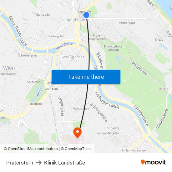 Praterstern to Klinik Landstraße map