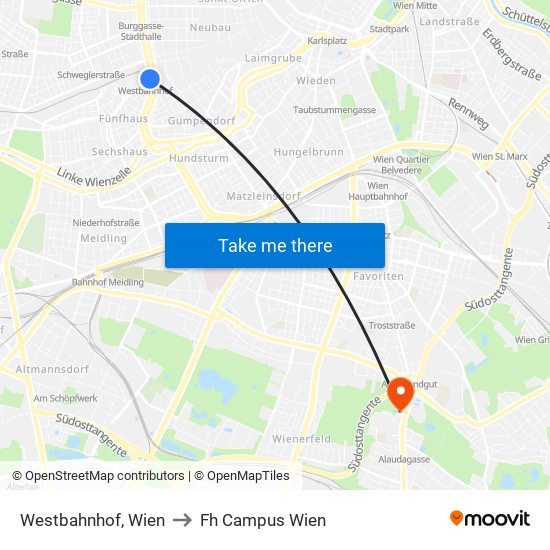 Westbahnhof, Wien to Fh Campus Wien map