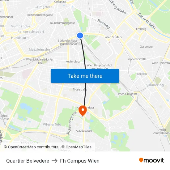 Quartier Belvedere to Fh Campus Wien map