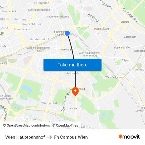 Wien Hauptbahnhof to Fh Campus Wien map