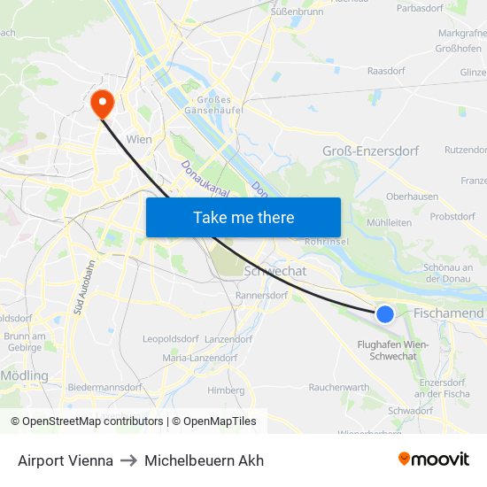 Airport Vienna to Michelbeuern Akh map