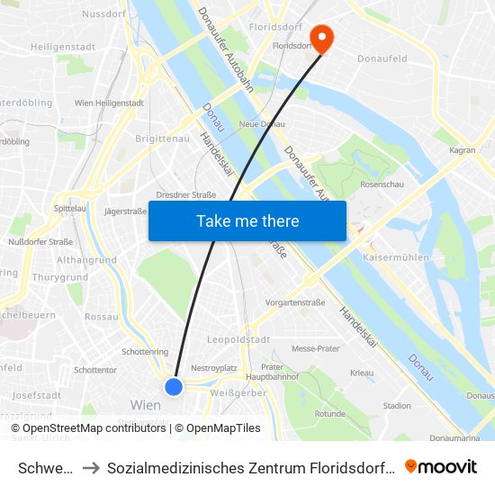 Schwedenplatz to Sozialmedizinisches Zentrum Floridsdorf, Krankenhaus Und Geriatriezentrum map