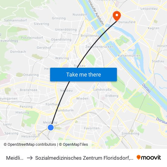 Meidling, Wien to Sozialmedizinisches Zentrum Floridsdorf, Krankenhaus Und Geriatriezentrum map