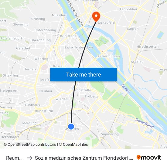 Reumannplatz to Sozialmedizinisches Zentrum Floridsdorf, Krankenhaus Und Geriatriezentrum map