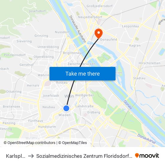 Karlsplatz, Wien to Sozialmedizinisches Zentrum Floridsdorf, Krankenhaus Und Geriatriezentrum map