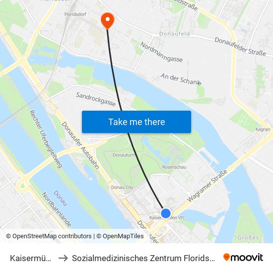 Kaisermühlen-Vic, Wien to Sozialmedizinisches Zentrum Floridsdorf, Krankenhaus Und Geriatriezentrum map