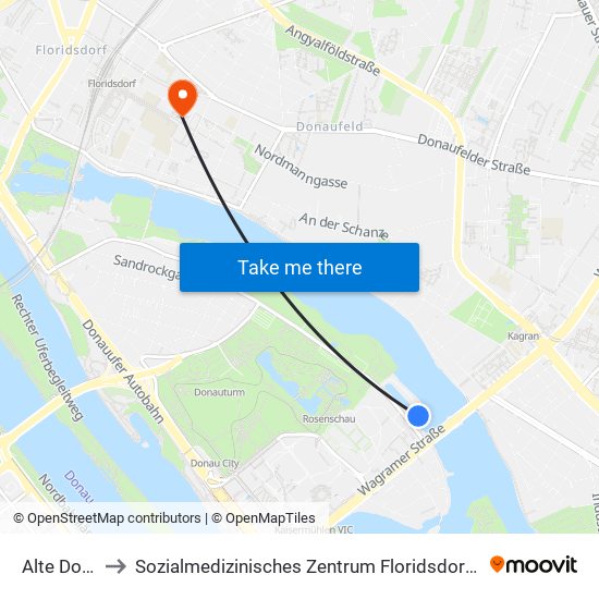 Alte Donau, Wien to Sozialmedizinisches Zentrum Floridsdorf, Krankenhaus Und Geriatriezentrum map