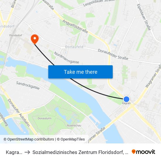 Kagran, Wien to Sozialmedizinisches Zentrum Floridsdorf, Krankenhaus Und Geriatriezentrum map