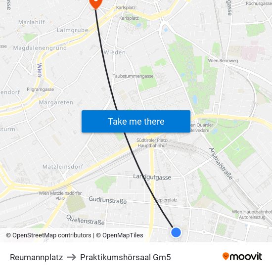 Reumannplatz to Praktikumshörsaal Gm5 map