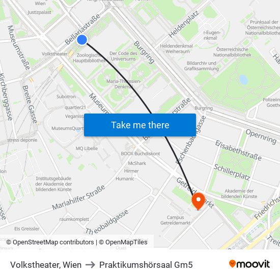 Volkstheater, Wien to Praktikumshörsaal Gm5 map